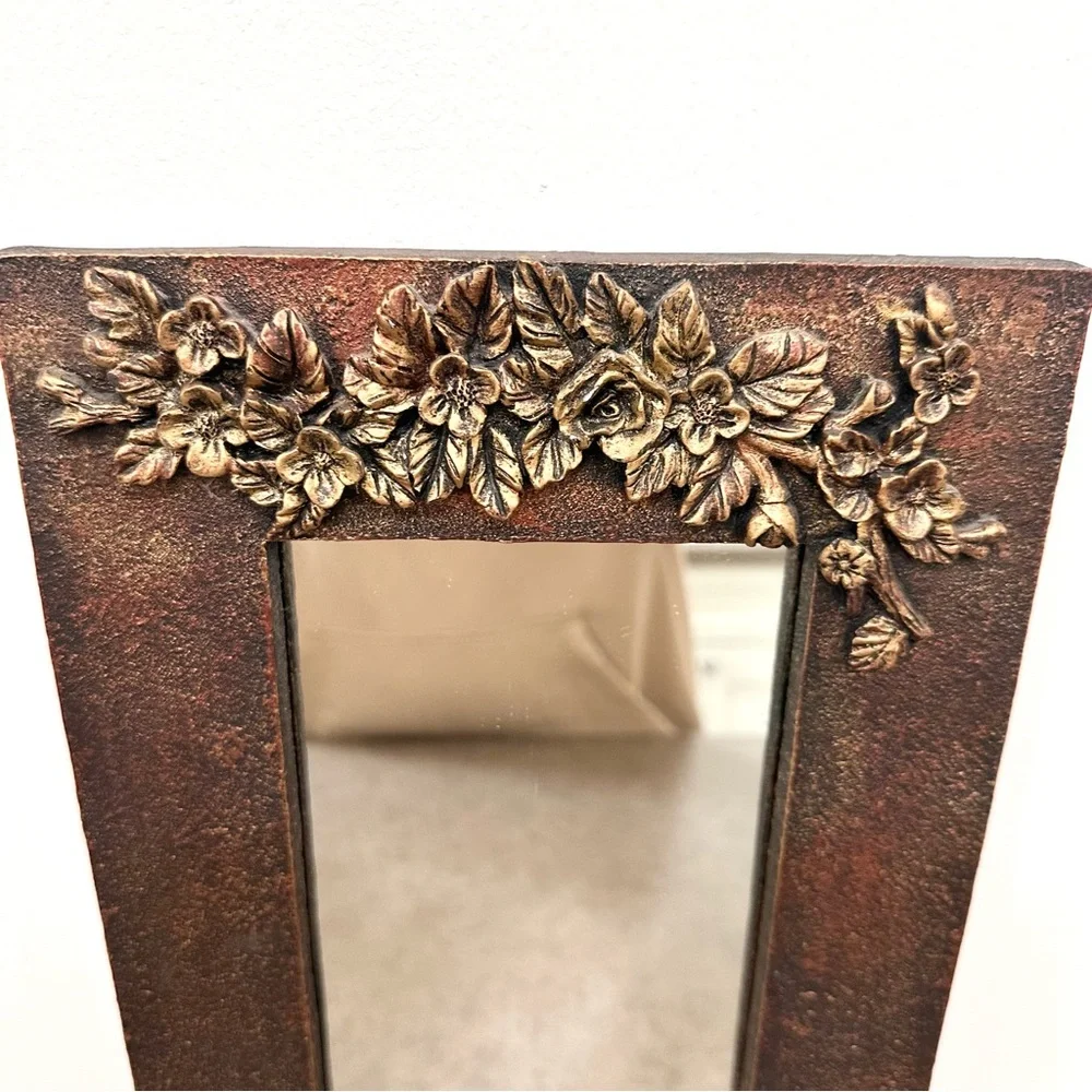 Vintage Rustic Bronze Floral Accent Wall Mirror 9 X 14” Framed Forged Flowers